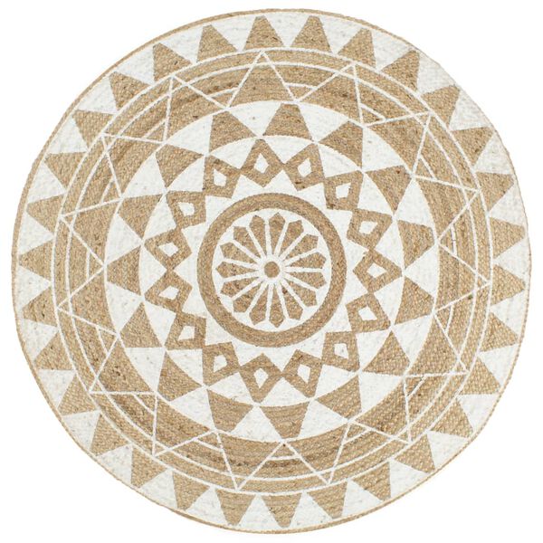 Alfombra de yute tejida a mano con estampado blanco 90 cm 90 cm Estampado de flores blanco