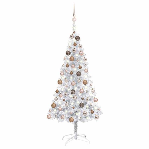 Árbol de Navidad preiluminado con luces y bolas plateado 120 cm