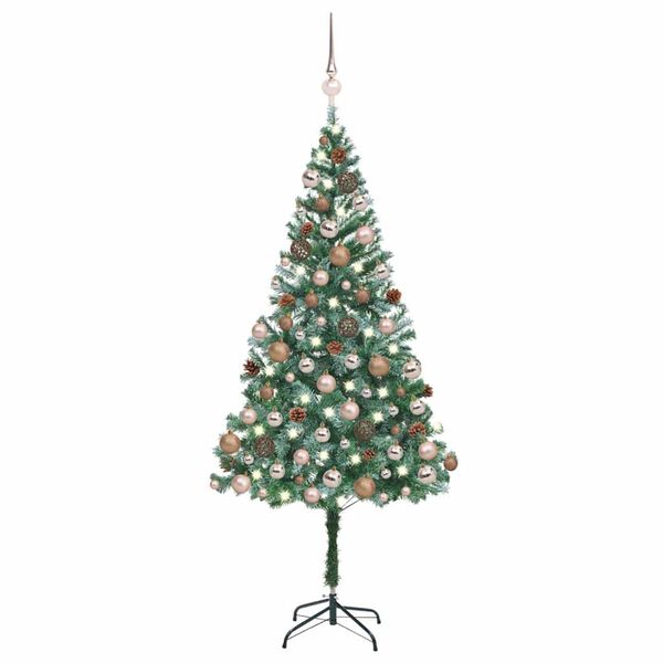 Árbol de Navidad artificial con LEDs bolas y piñas 180 cm con 61 bolas de oro rosa 180 x 90 cm