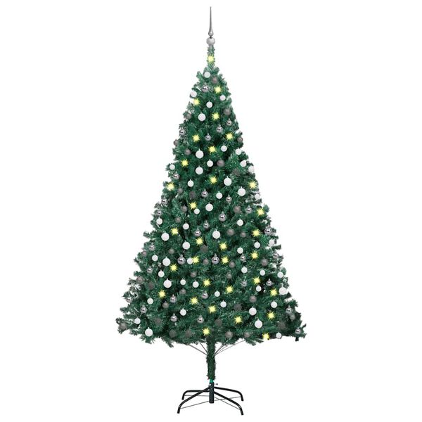 Árbol de Navidad preiluminado con luces y bolas verde 210 cm Verde con 120 bolas blancas/grises 210 cm
