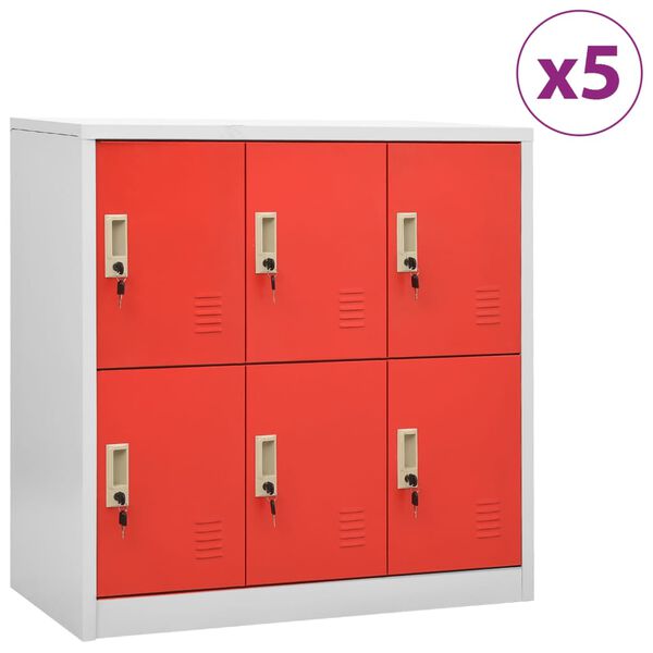 Armarios taquilla 5 uds de acero gris y rojo 90x45x925 cm Gris claro y rojo con 6 cerraduras