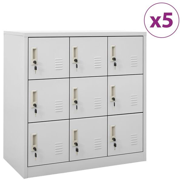 Armarios taquilla 5 uds de acero gris claro 90x45x925 cm Gris claro con 9 cerraduras