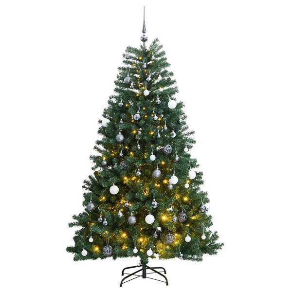 Árbol de Navidad artificial con bisagras 300 LED y bolas 210 cm Verde with leds&white/grey balls 210 cm