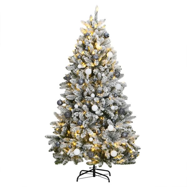 Árbol de Navidad artificial con bisagras 300 LED y bolas 180 cm verde y with leds&white/grey balls 180 cm