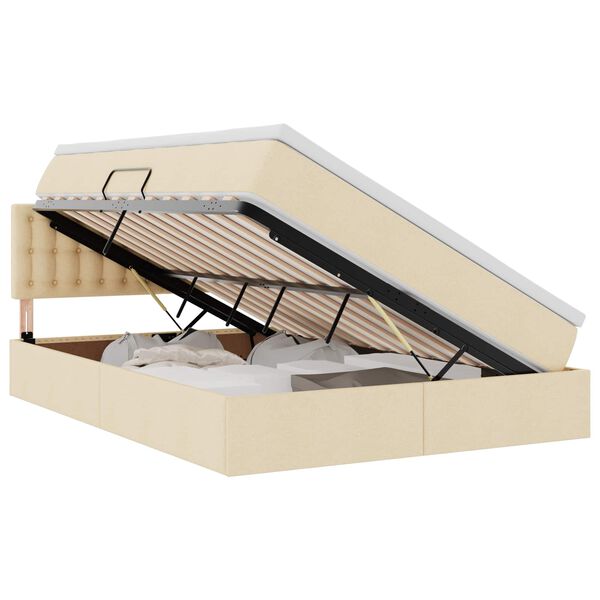 Cama de almacenamiento LED con colchón Crema 140 x 190 cm Tela Crema  140 x 190 cm Botones