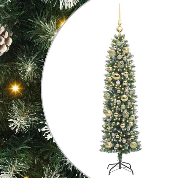 Árbol Navideño Artificial Delgado con 150 LED Verde y 120 cm con LEDs y bolas doradas 120 cm