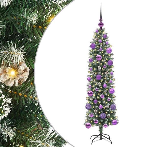 Árbol Navideño Artificial Delgado con 150 LED Verde y 120 cm con LEDs y bolas lilas 120 cm
