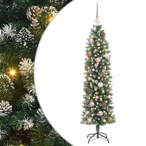 Árbol Navideño Artificial Delgado con 150 LED Verde y 150 cm con LEDs y bolas de oro rosa 150 cm
