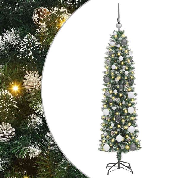 Árbol Navideño Artificial Delgado con 150 LED Verde y 150 cm con LEDs y bolas blancas/grises 150 cm
