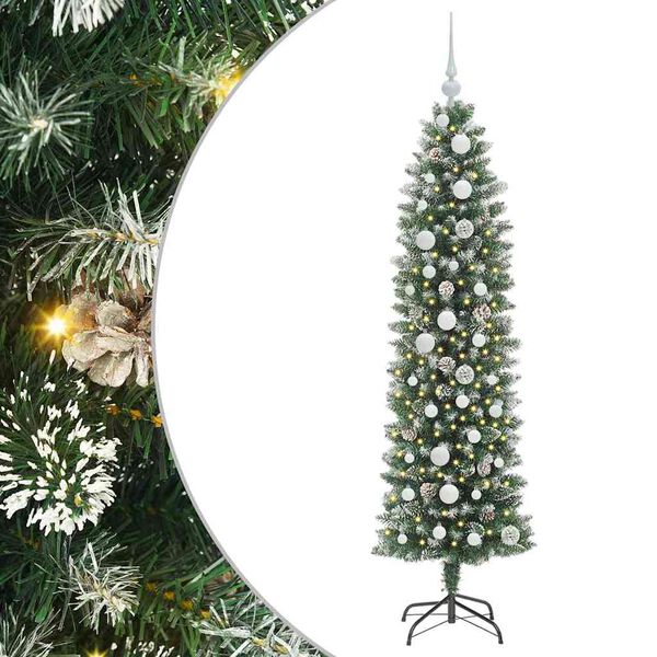 Árbol Navideño Artificial Delgado con 150 LED Verde y 150 cm con LEDs y bolas blancas 150 cm