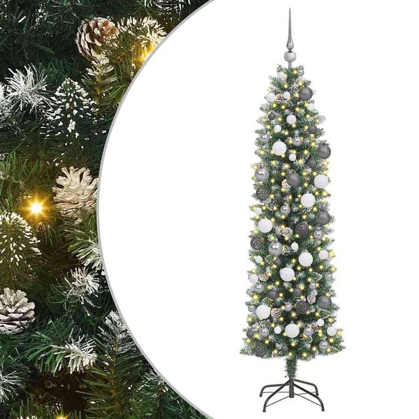 Árbol Navideño Artificial Delgado con 300 LED Verde y 180 cm con LEDs y bolas blancas/grises 180 cm