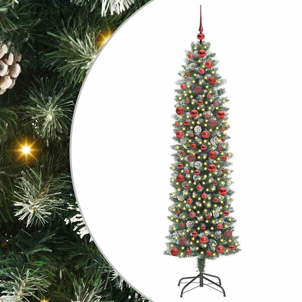 Árbol Navideño Artificial Delgado con 300 LED Verde y 180 cm con LEDs y bolas rojas 180 cm