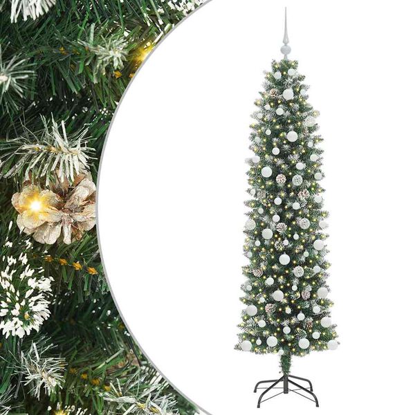 Árbol Navideño Artificial Delgado con 300 LED Verde y 180 cm con LEDs y bolas blancas 180 cm