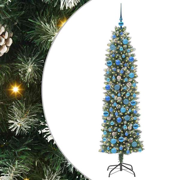 Árbol Navideño Artificial Delgado con 300 LED Verde y 180 cm con LEDs y bolas azules 180 cm