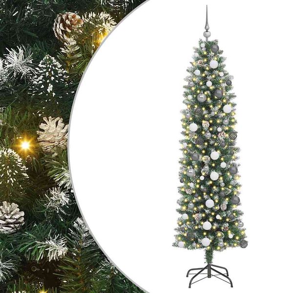 Árbol Navideño Artificial Delgado con 300 LED Verde y 210 cm con LEDs y bolas blancas/grises 210 cm