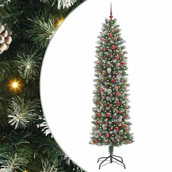 Árbol Navideño Artificial Delgado con 300 LED Verde y 240 cm con LEDs y bolas rojas 240 cm
