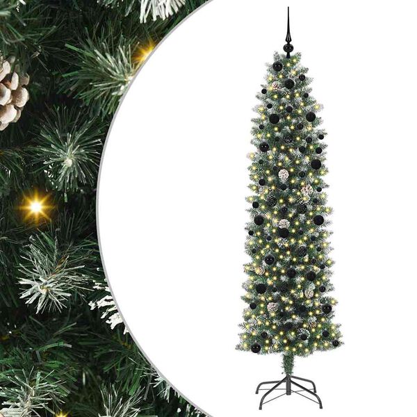 Árbol Navideño Artificial Delgado con 300 LED Verde y 240 cm con LEDs y bolas negras 240 cm