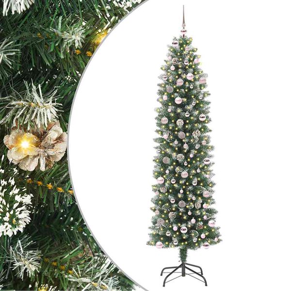 Árbol Navideño Artificial Delgado con 300 LED Verde y 240 cm con LEDs y bolas rosas 240 cm