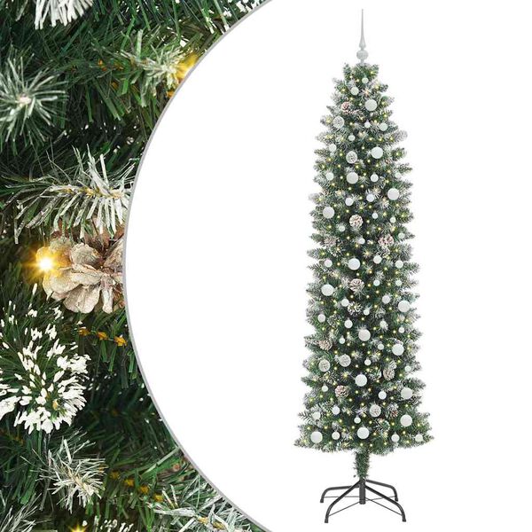 Árbol Navideño Artificial Delgado con 300 LED Verde y 240 cm con LEDs y bolas blancas 240 cm