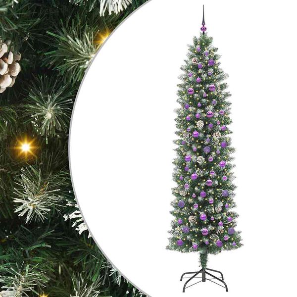 Árbol Navideño Artificial Delgado con 300 LED Verde y 240 cm con LEDs y bolas lilas 240 cm