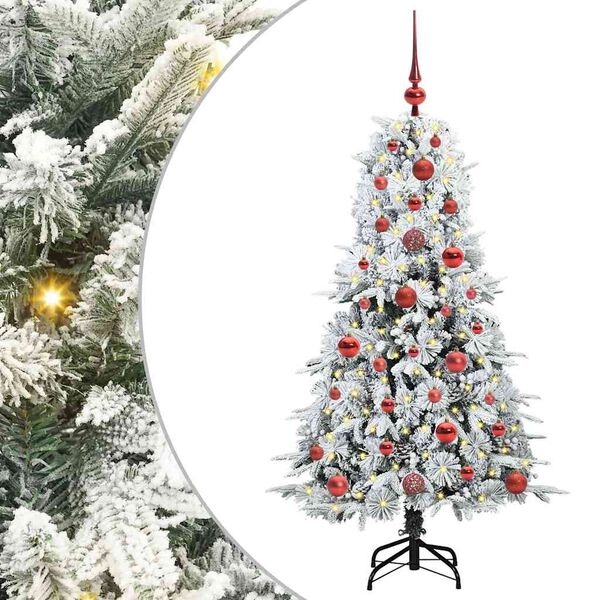 Árbol de Navidad artificial con ramas articuladas 120 cm verde y con luces LED y bolas rojas 120 cm