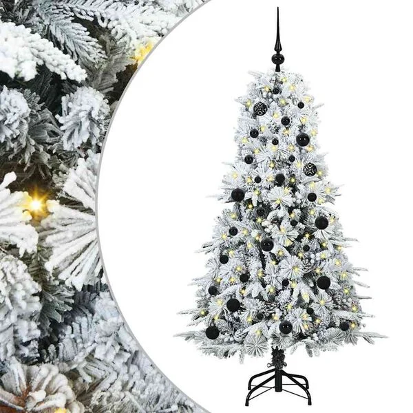 Árbol de Navidad artificial con ramas articuladas 150 cm verde y con luces LED y bolas negras 150 cm