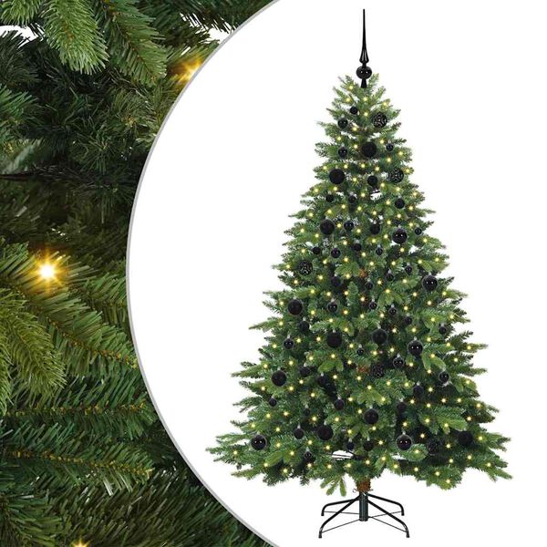 Árbol de Navidad artificial con 300 LED Verde 180 cm PE y PVC Verde con luces LED y bolas negras 180 cm