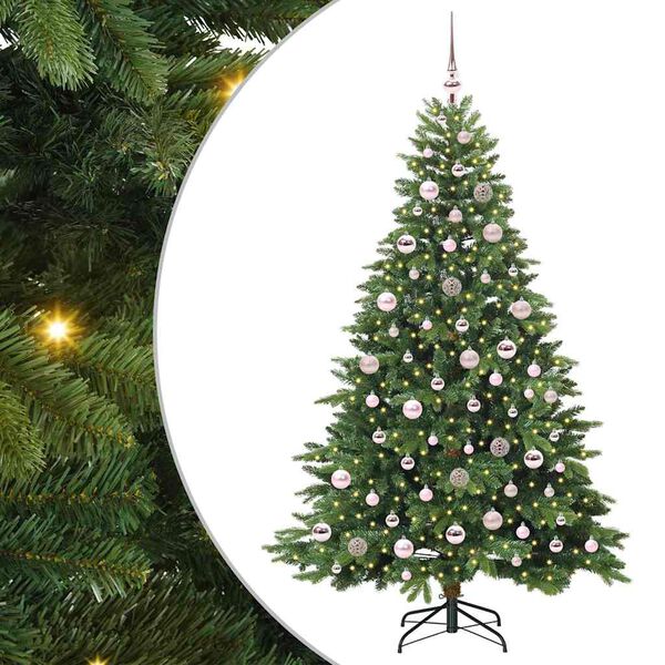 Árbol de Navidad artificial con 300 LED Verde 180 cm PE y PVC Verde con luces LED y bolas rosas 180 cm