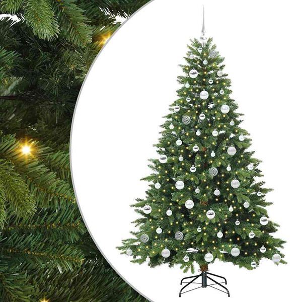 Árbol de Navidad artificial con 300 LED Verde 180 cm PE y PVC Verde con luces LED y bolas plateadas 180 cm