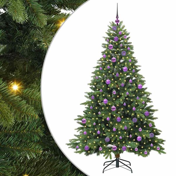 Árbol de Navidad artificial con 300 LED Verde 180 cm PE y PVC Verde con luces LED y bolas lilas 180 cm