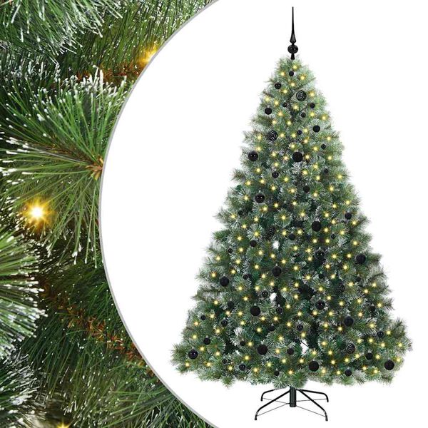Árbol de Navidad artificial con 300 LED Verde 210 cm PE y PVC White con luces LED y bolas negras 210 cm
