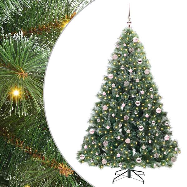 Árbol de Navidad artificial con 300 LED Verde 210 cm PE y PVC White con luces LED y bolas rosas 210 cm
