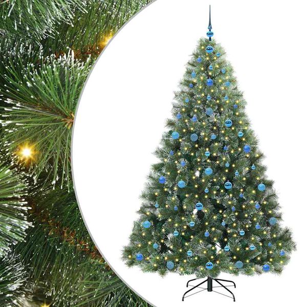 Árbol de Navidad artificial con 300 LED Verde 210 cm PE y PVC White con luces LED y bolas azules 210 cm