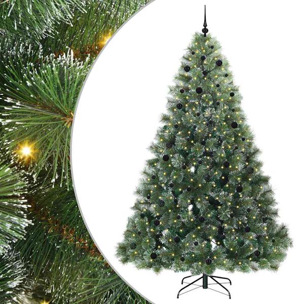 Árbol de Navidad artificial con 300 LED Verde 240 cm PE y PVC White con luces LED y bolas negras 240 cm