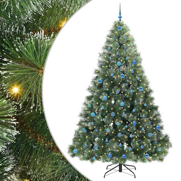 Árbol de Navidad artificial con 300 LED Verde 240 cm PE y PVC White con luces LED y bolas azules 240 cm