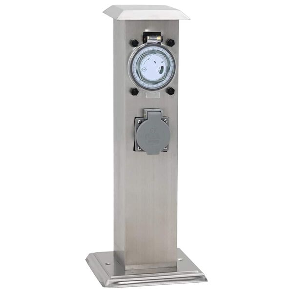 Columna de acero inoxidable con enchufe y temporizador para el jardín Plateado
