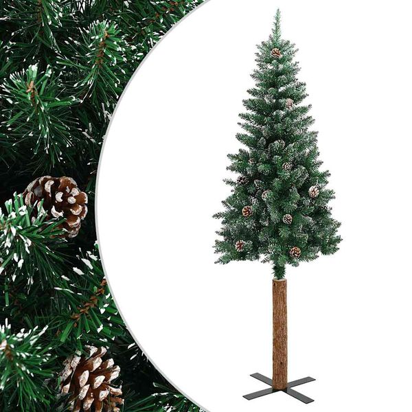 Árbol de Navidad estrecho con madera real y nieve 180 cm verde 180 x 72 cm Con nieve blanca