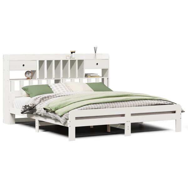 Cama con estantería sin colchón madera maciza blanca 180×200 cm Blanco  180 x 200 cm