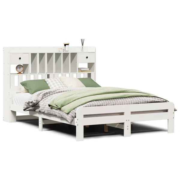 Cama con estantería sin colchón madera maciza blanca 140×200 cm Blanco  140 x 200 cm