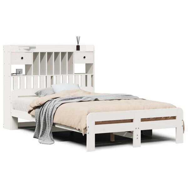 Cama con estantería sin colchón madera maciza blanca 135×190 cm Blanco  135 x 190 cm