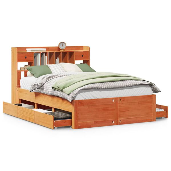 Cama con estantería sin colchón madera maciza marrón 150×200 cm Marrón cera  150 x 200 cm