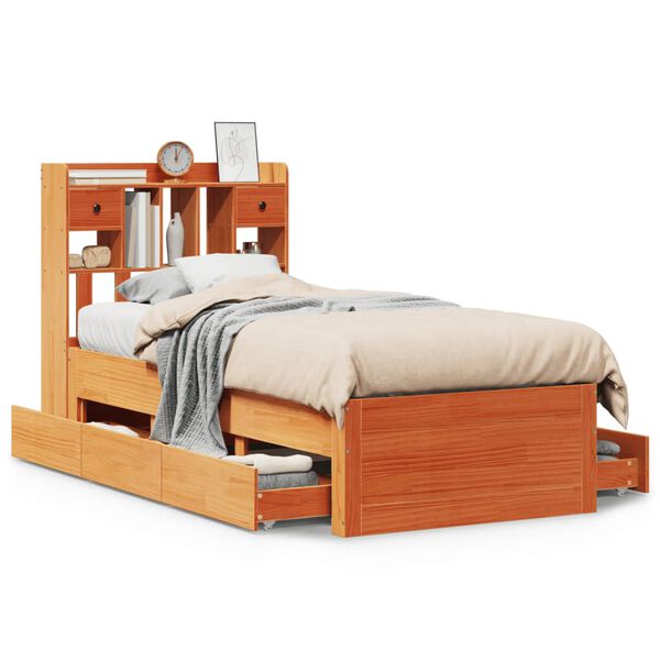Cama con estantería sin colchón madera maciza marrón 100×200 cm Marrón cera  100 x 200 cm