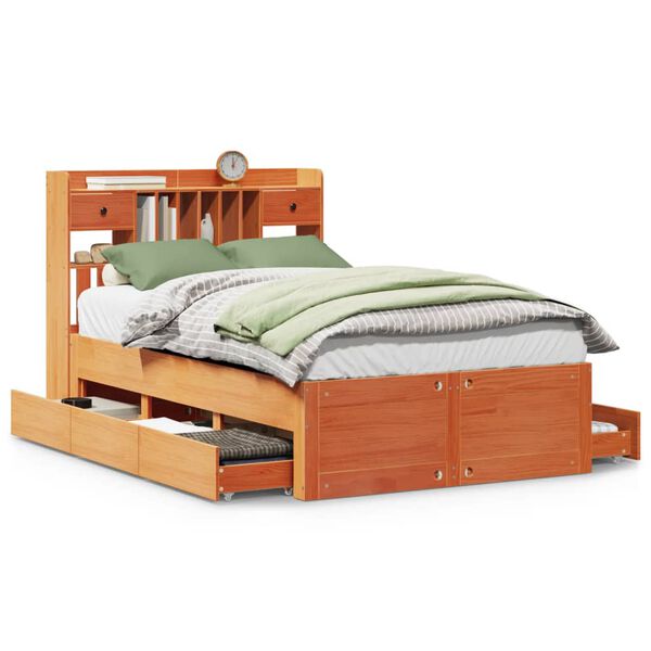 Cama con estantería sin colchón madera maciza marrón 135x190cm Marrón cera  135 x 190 cm