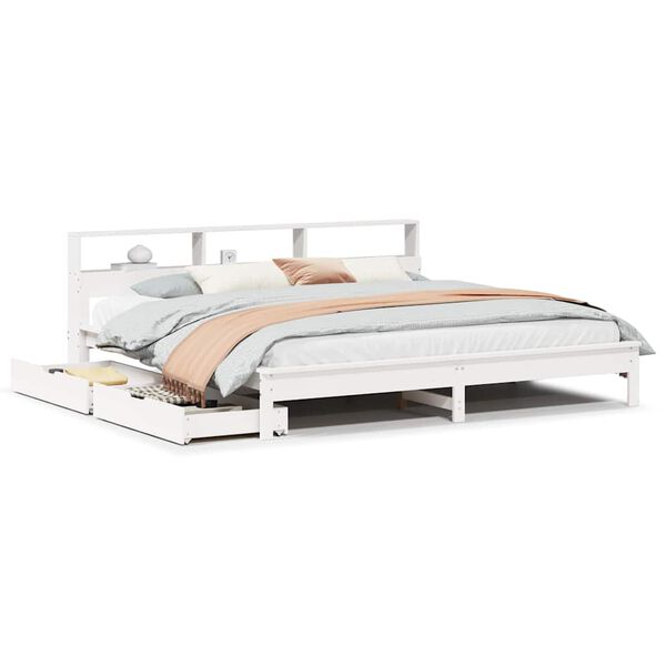 Cama con estantería sin colchón madera maciza blanca 200×200 cm Blanco  200 x 200 cm