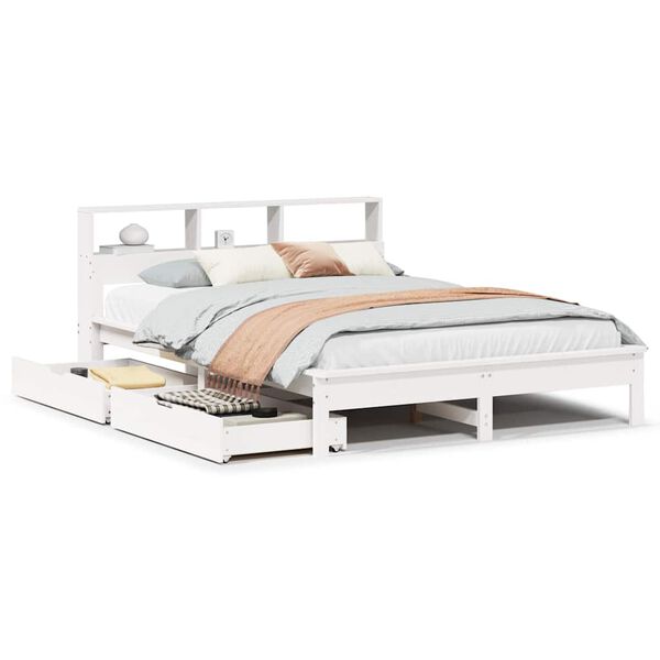 Cama con estantería sin colchón madera maciza blanca 160×200 cm Blanco  160 x 200 cm