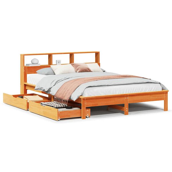 Cama con estantería sin colchón madera maciza marrón 140×190 cm Marrón cera 140 x 190 cm