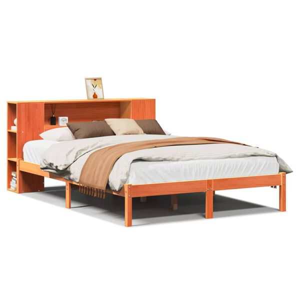 Cama con estantería sin colchón madera maciza marrón 140×190 cm Marrón cera  140 x 190 cm