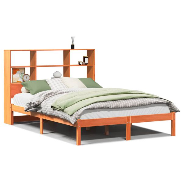 Cama con estantería sin colchón madera maciza marrón 120x200cm Marrón cera  120 x 200 cm