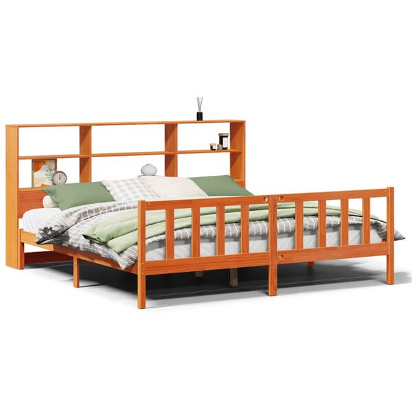 Cama con estantería sin colchón madera maciza marrón 180x200cm Marrón cera  180 x 200 cm