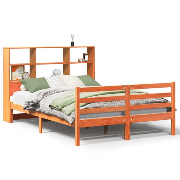 Cama con estantería sin colchón madera maciza marrón 135×190 cm Marrón cera  135 x 190 cm